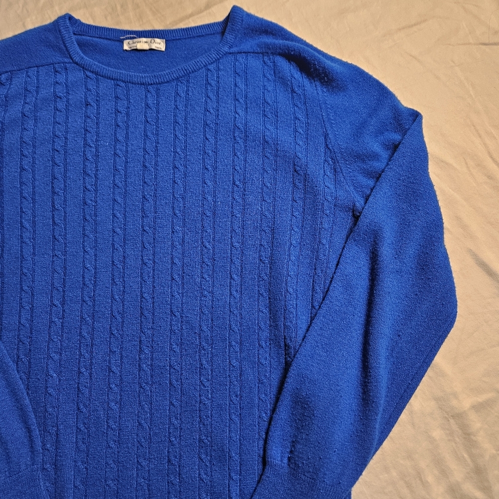 Vintage Christian Dior Large Royal‎ Blue Cable Knit Sweater Classic Preppy Chic